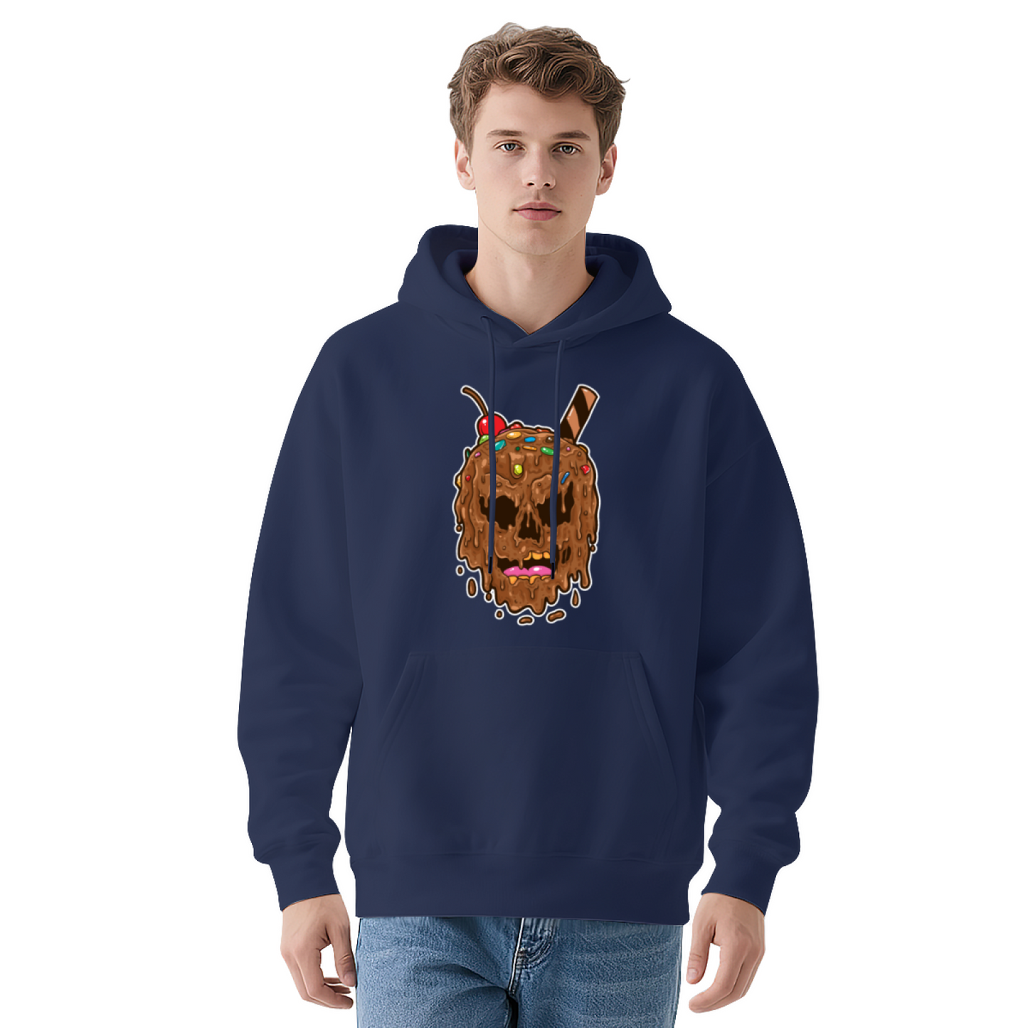 Melting Chocolate Ice Cream Skull Cute White Hoodie, Soft Unisex Sweet Style Top
