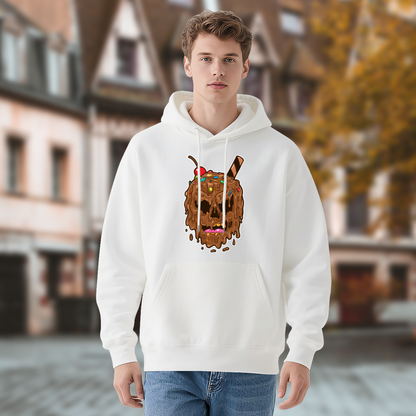 Melting Chocolate Ice Cream Skull Cute White Hoodie, Soft Unisex Sweet Style Top