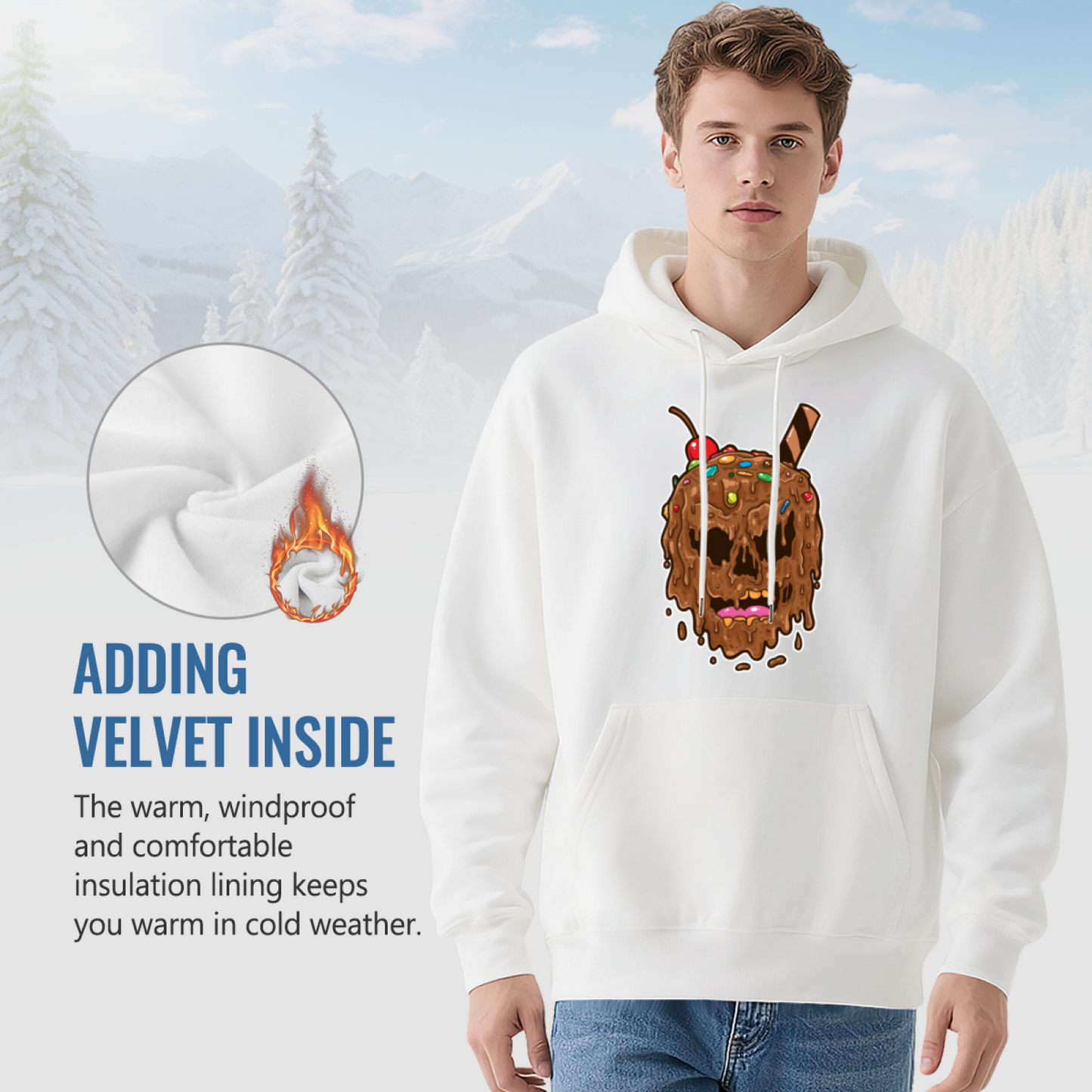 Melting Chocolate Ice Cream Skull Cute White Hoodie, Soft Unisex Sweet Style Top
