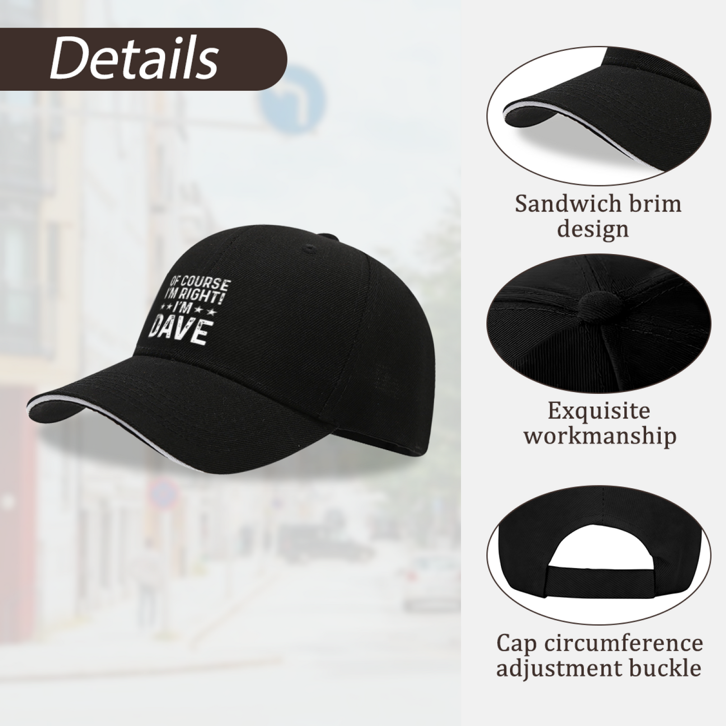Of Course I'm Right I'm DAVE Vintage Distressed Black Sandwich Baseball Cap