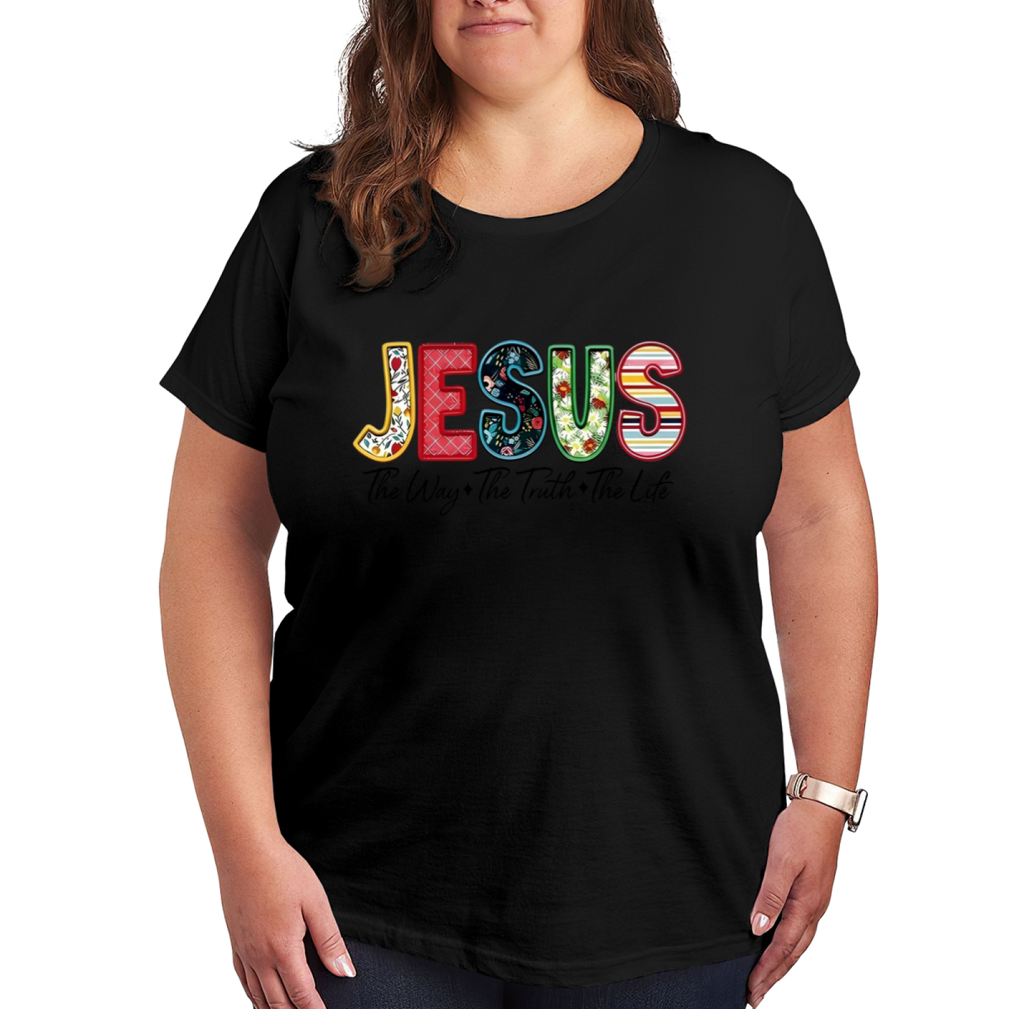 Color Patchwork JESUS The Way The Truth The Life Faith Print Plus Size Women¡¯s T-Shirt