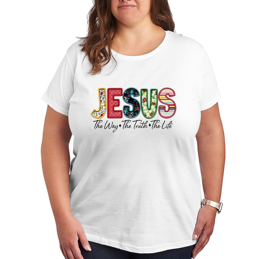 Color Patchwork JESUS The Way The Truth The Life Faith Print Plus Size Women¡¯s T-Shirt