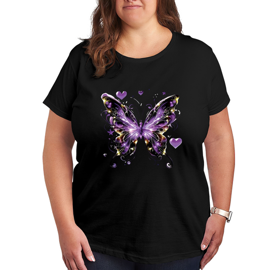 Magical Purple Glitter Heart Dreamy Butterfly Plus Size Women Graphic Print T-Shirt