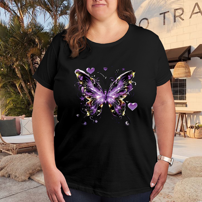 Magical Purple Glitter Heart Dreamy Butterfly Plus Size Women Graphic Print T-Shirt