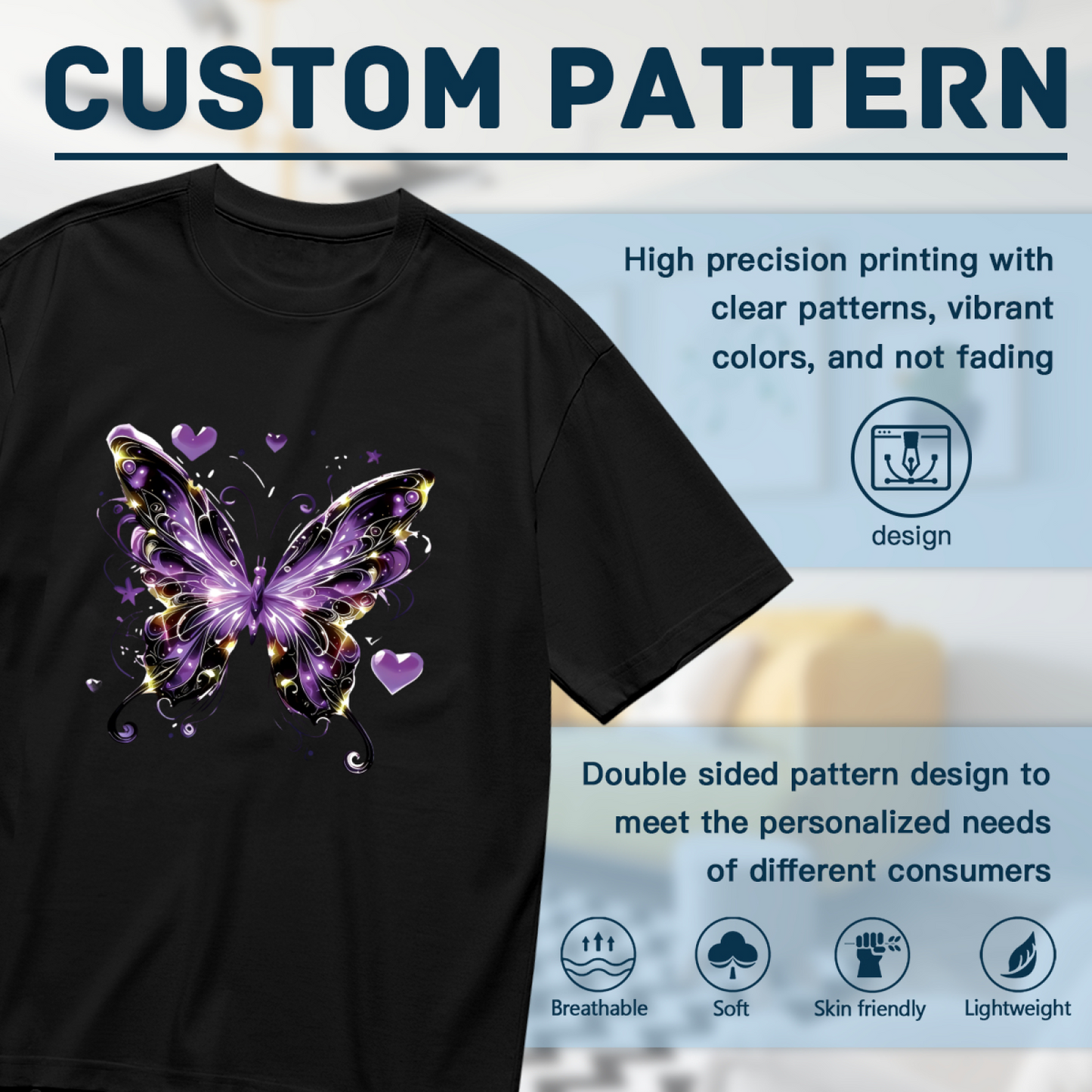 Magical Purple Glitter Heart Dreamy Butterfly Plus Size Women Graphic Print T-Shirt
