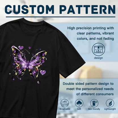 Magical Purple Glitter Heart Dreamy Butterfly Plus Size Women Graphic Print T-Shirt