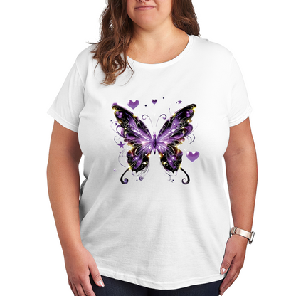 Magical Purple Glitter Heart Dreamy Butterfly Plus Size Women Graphic Print T-Shirt