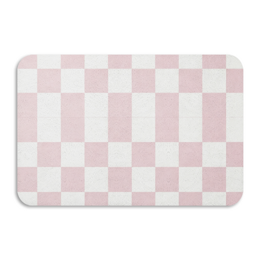 Soft Pink White Checkerboard Diatom Mat | Aesthetic Pastel Silicone Absorbent Bath Rug