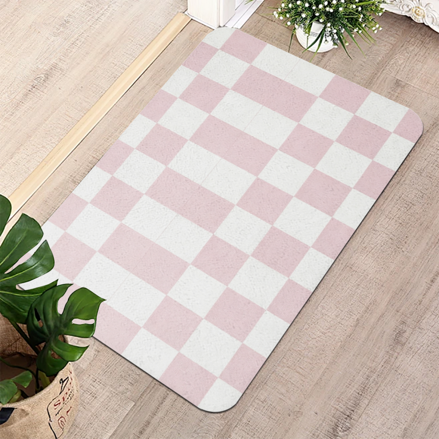 Soft Pink White Checkerboard Diatom Mat | Aesthetic Pastel Silicone Absorbent Bath Rug
