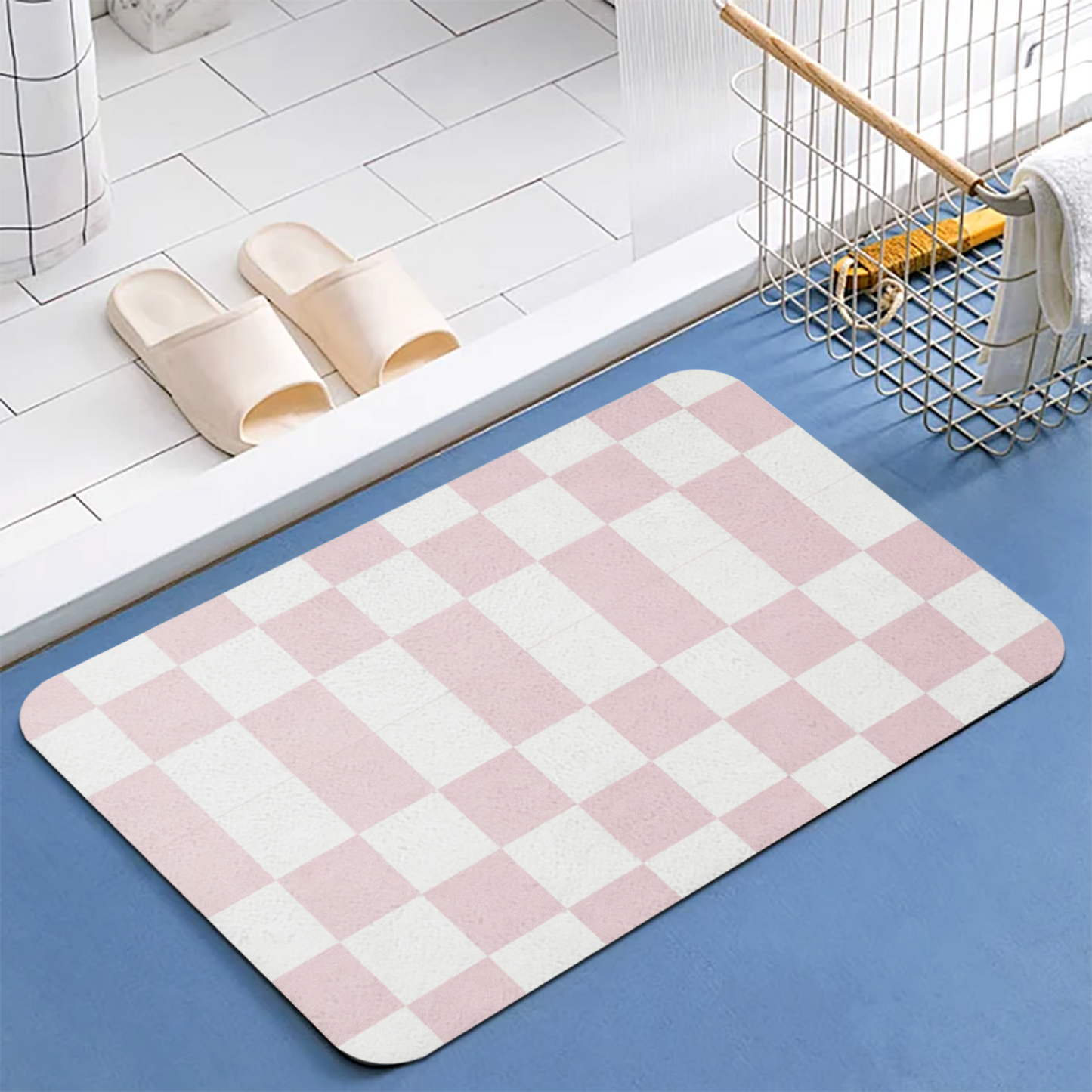 Soft Pink White Checkerboard Diatom Mat | Aesthetic Pastel Silicone Absorbent Bath Rug