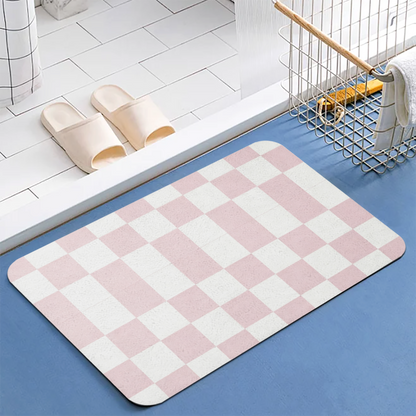 Soft Pink White Checkerboard Diatom Mat | Aesthetic Pastel Silicone Absorbent Bath Rug