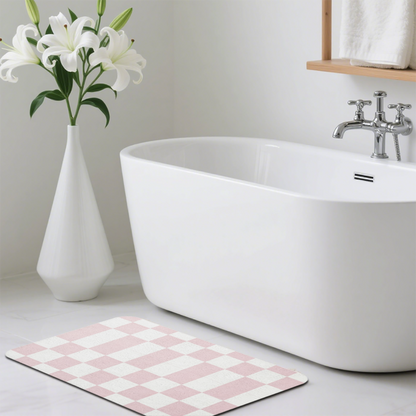 Soft Pink White Checkerboard Diatom Mat | Aesthetic Pastel Silicone Absorbent Bath Rug