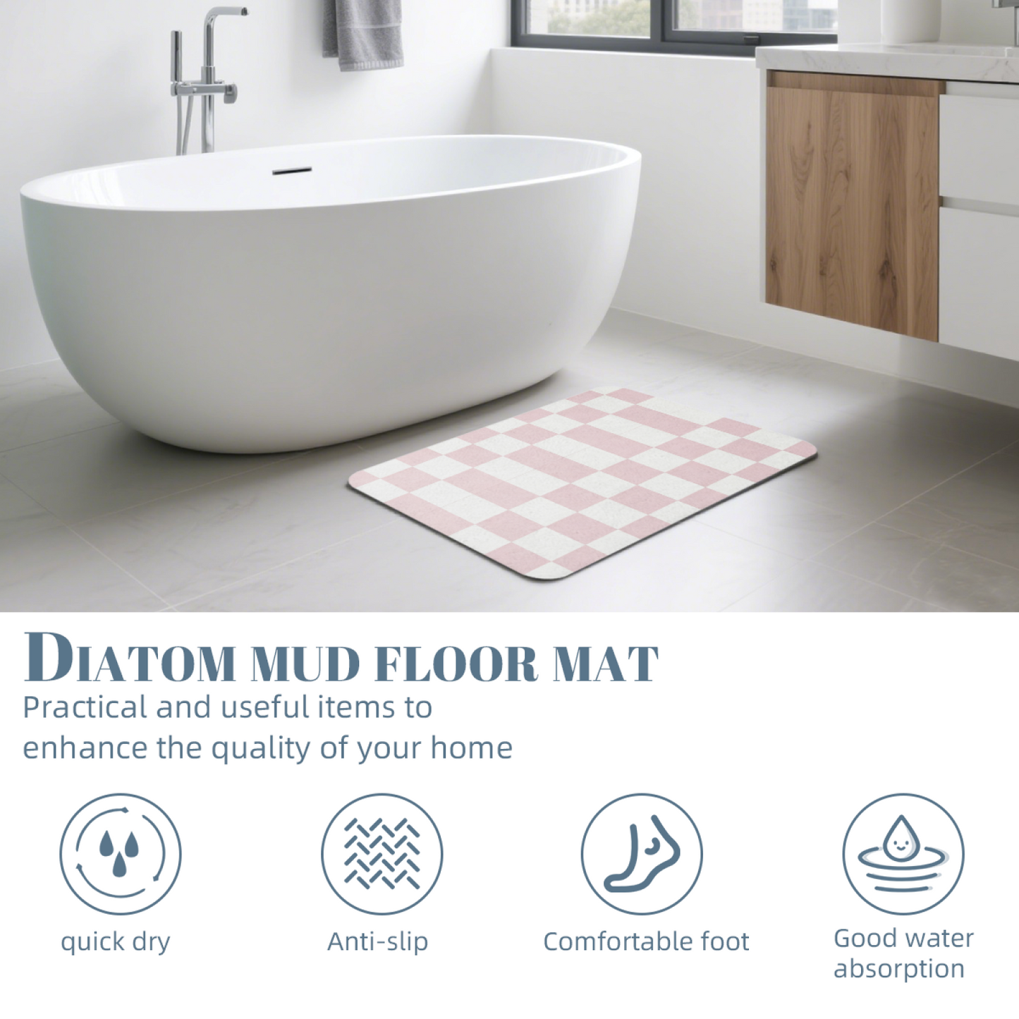 Soft Pink White Checkerboard Diatom Mat | Aesthetic Pastel Silicone Absorbent Bath Rug