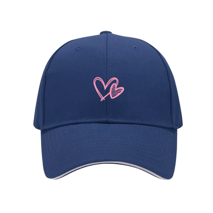 Double Pink Heart Outline White Sandwich Visor Baseball Cap, Sweet Couple Love Hat