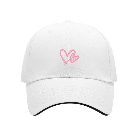 Double Pink Heart Outline White Sandwich Visor Baseball Cap, Sweet Couple Love Hat