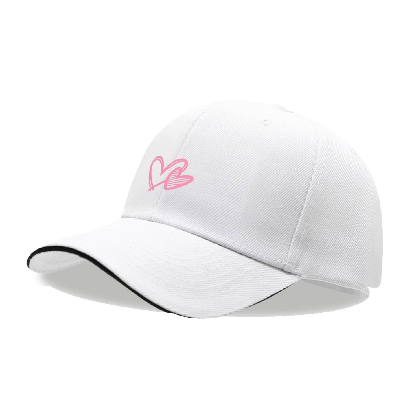 Double Pink Heart Outline White Sandwich Visor Baseball Cap, Sweet Couple Love Hat