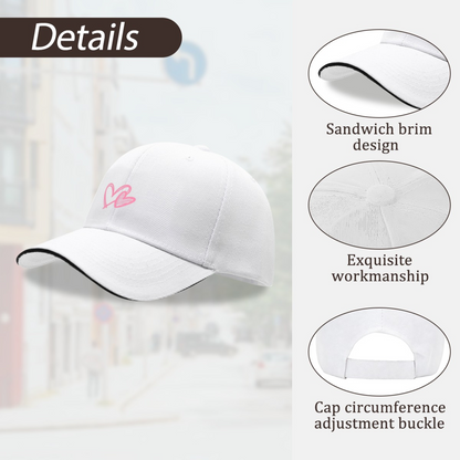 Double Pink Heart Outline White Sandwich Visor Baseball Cap, Sweet Couple Love Hat