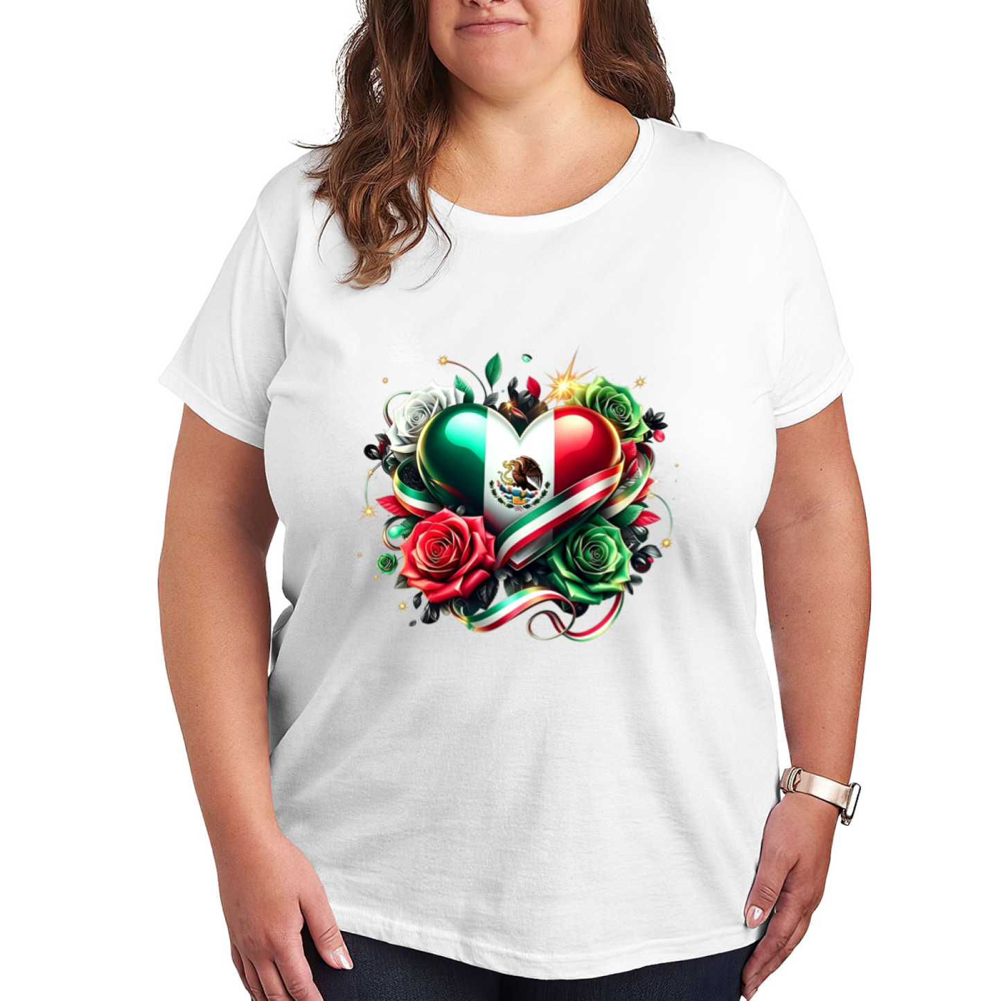 Mexican Flag Heart Floral Plus Size Women Graphic T-Shirt