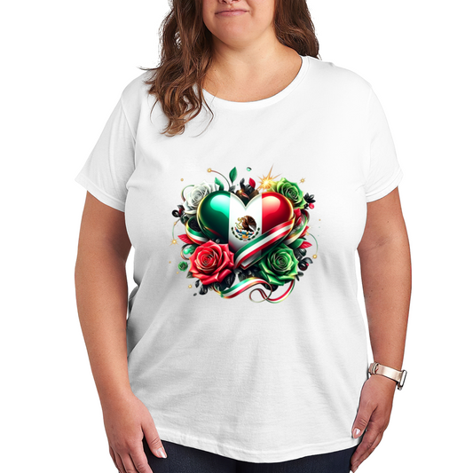 Mexican Flag Heart Floral Plus Size Women Graphic T-Shirt