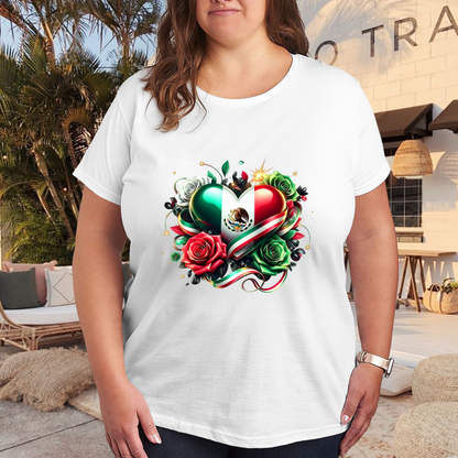 Mexican Flag Heart Floral Plus Size Women Graphic T-Shirt