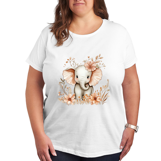 Cute Baby Elephant Wildflower Watercolor Soft Plus Size Women Graphic Print T-Shirt