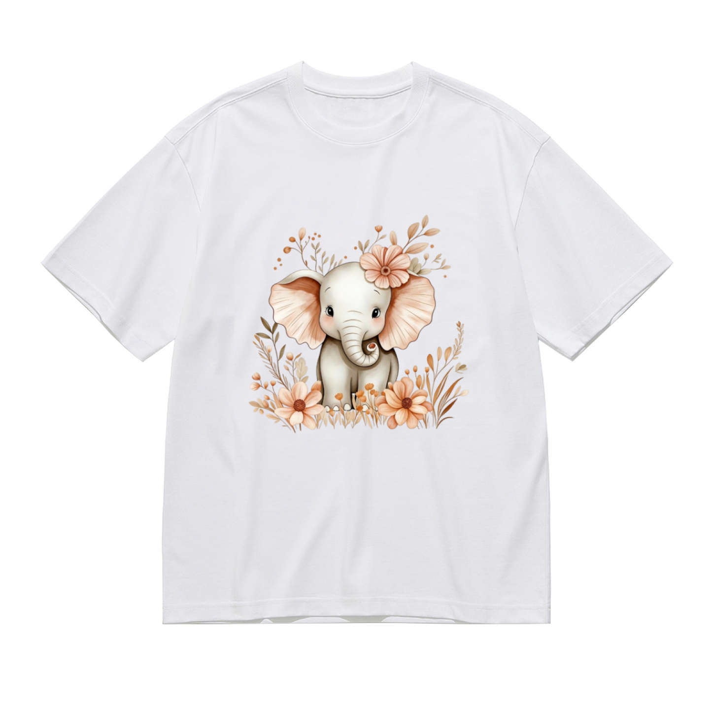 Cute Baby Elephant Wildflower Watercolor Soft Plus Size Women Graphic Print T-Shirt
