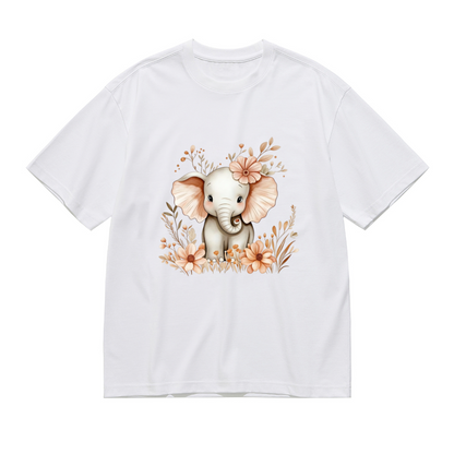 Cute Baby Elephant Wildflower Watercolor Soft Plus Size Women Graphic Print T-Shirt