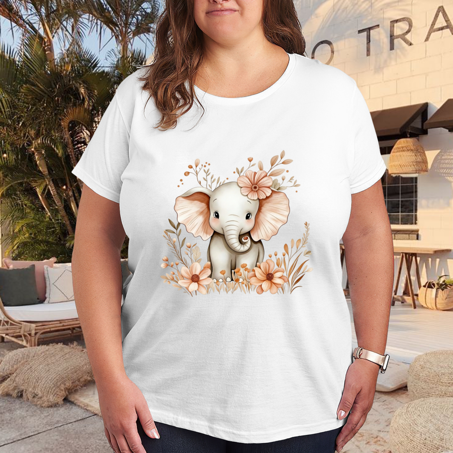 Cute Baby Elephant Wildflower Watercolor Soft Plus Size Women Graphic Print T-Shirt
