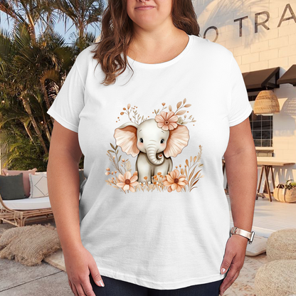 Cute Baby Elephant Wildflower Watercolor Soft Plus Size Women Graphic Print T-Shirt
