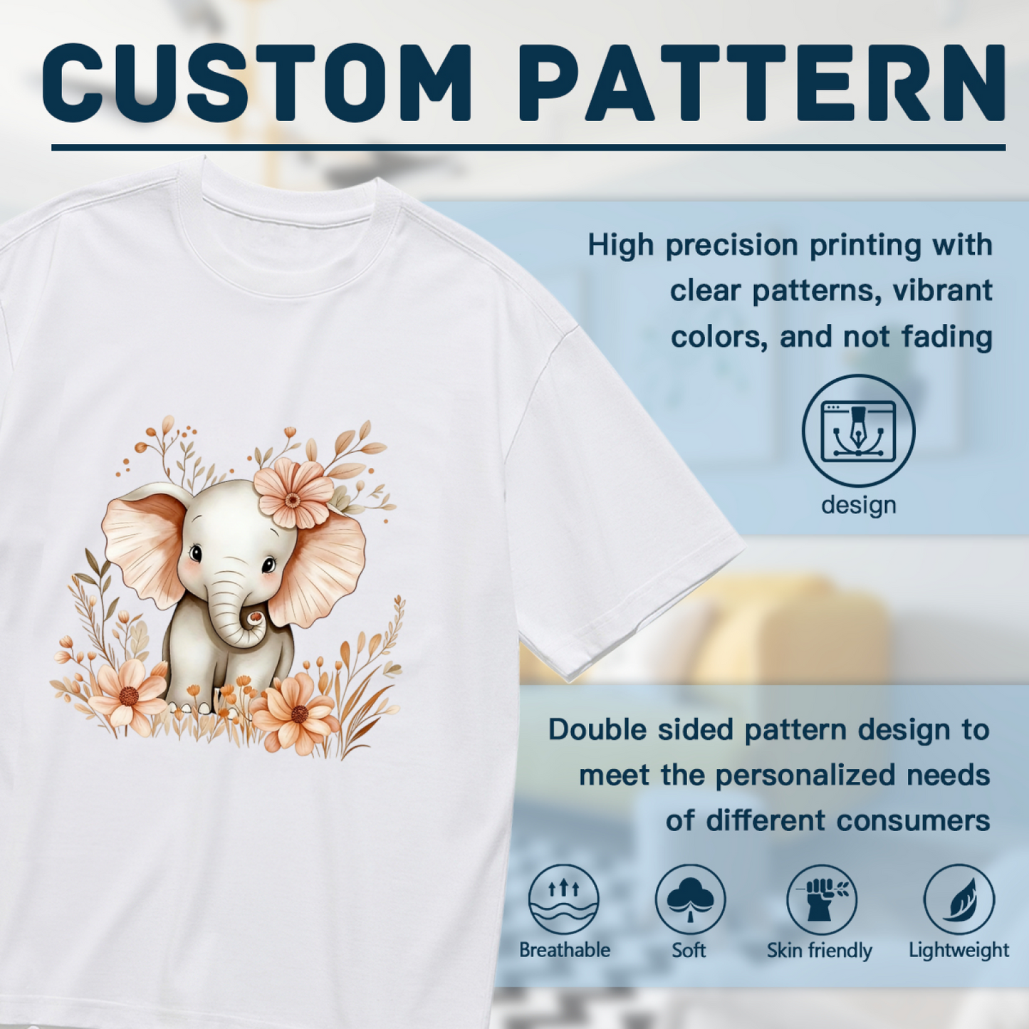 Cute Baby Elephant Wildflower Watercolor Soft Plus Size Women Graphic Print T-Shirt