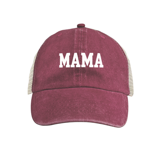 Bold MAMA Letter Maroon Vintage Washed Mesh Trucker Hat Mom Daily Casual Cap