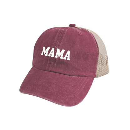 Bold MAMA Letter Maroon Vintage Washed Mesh Trucker Hat Mom Daily Casual Cap