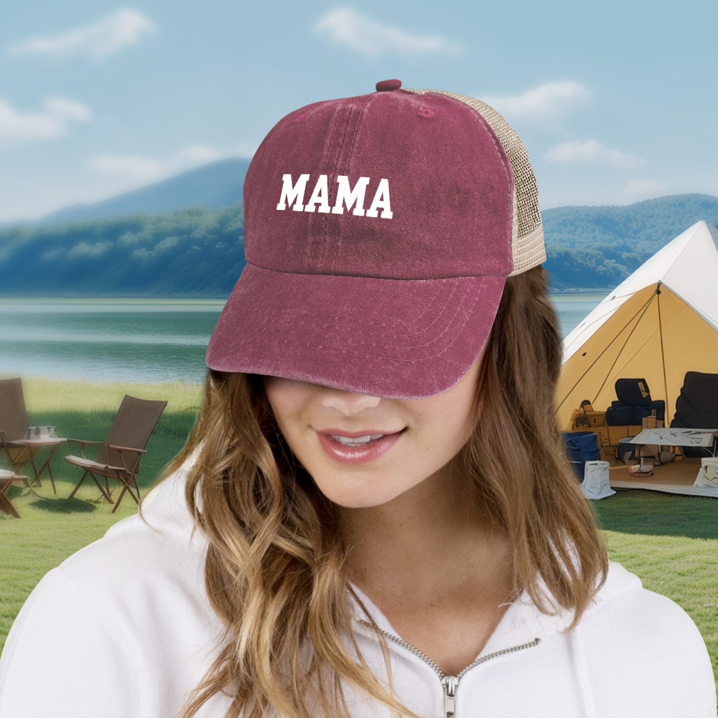 Bold MAMA Letter Maroon Vintage Washed Mesh Trucker Hat Mom Daily Casual Cap