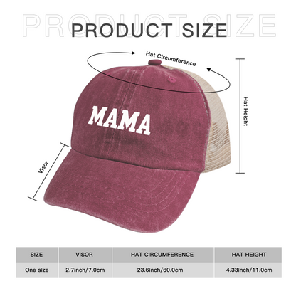 Bold MAMA Letter Maroon Vintage Washed Mesh Trucker Hat Mom Daily Casual Cap
