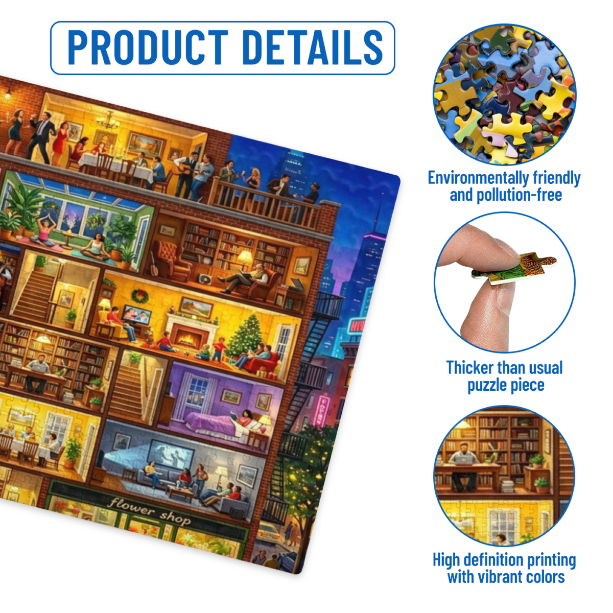 Busy City Multi?Story Townhouse Warm Daily Life Scene Puzzle | 300/500/1000 Pieces