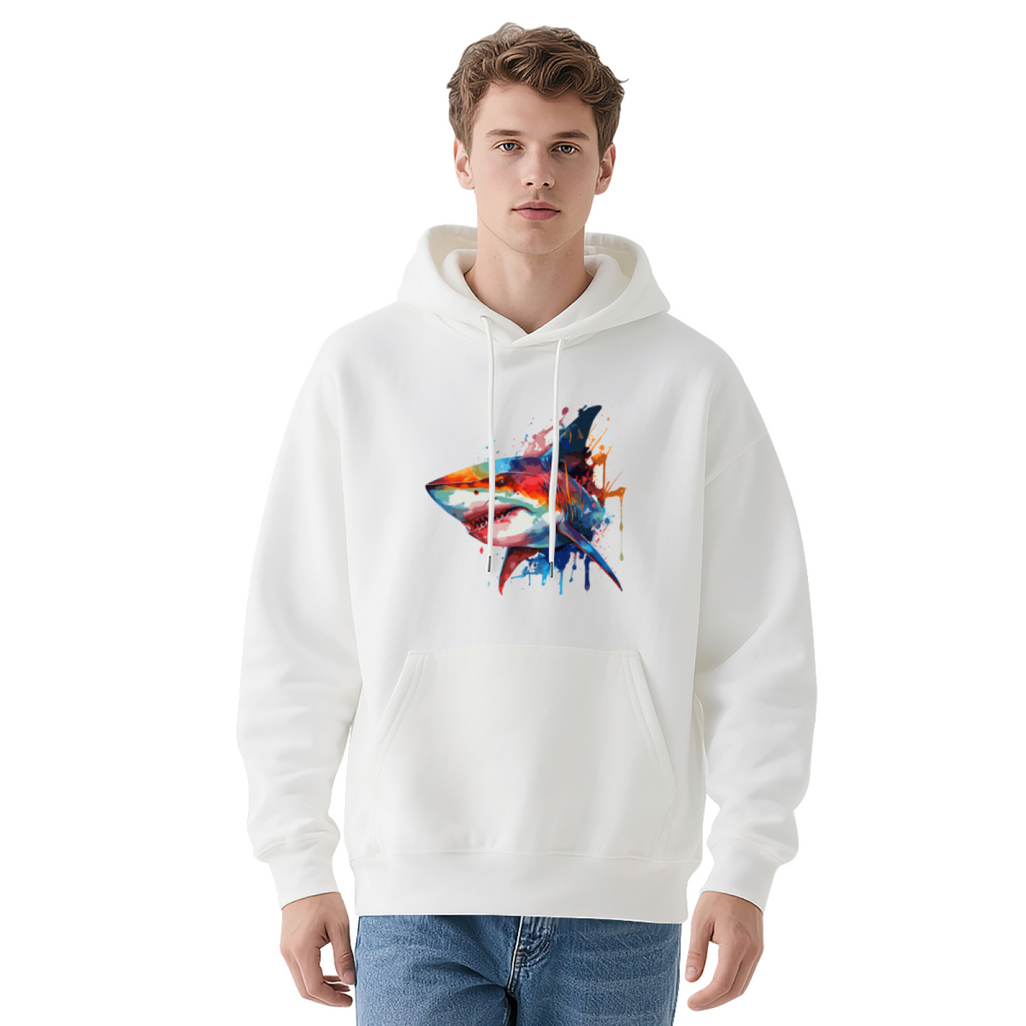 Vibrant Watercolor Shark White Men¡¯s Hoodie, Breathable Comfort