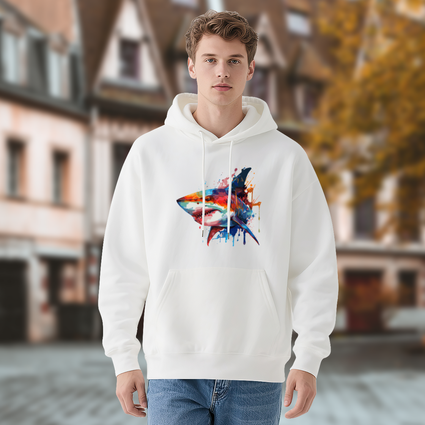 Vibrant Watercolor Shark White Men¡¯s Hoodie, Breathable Comfort