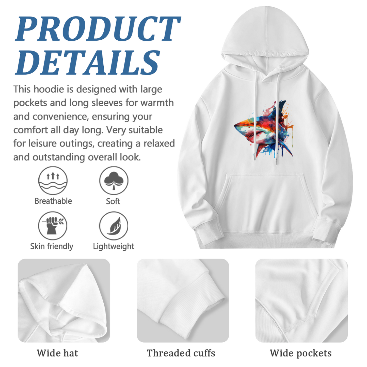 Vibrant Watercolor Shark White Men¡¯s Hoodie, Breathable Comfort
