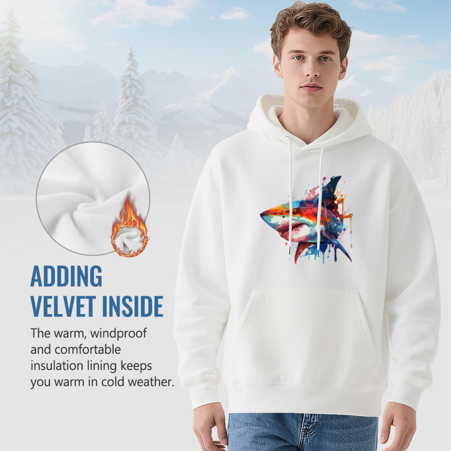 Vibrant Watercolor Shark White Men¡¯s Hoodie, Breathable Comfort