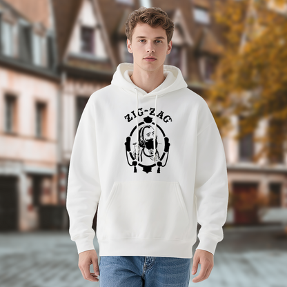 Vintage Zig-Zag Portrait Graphic White Hoodie, Unisex Cozy Retro Style Hooded Top