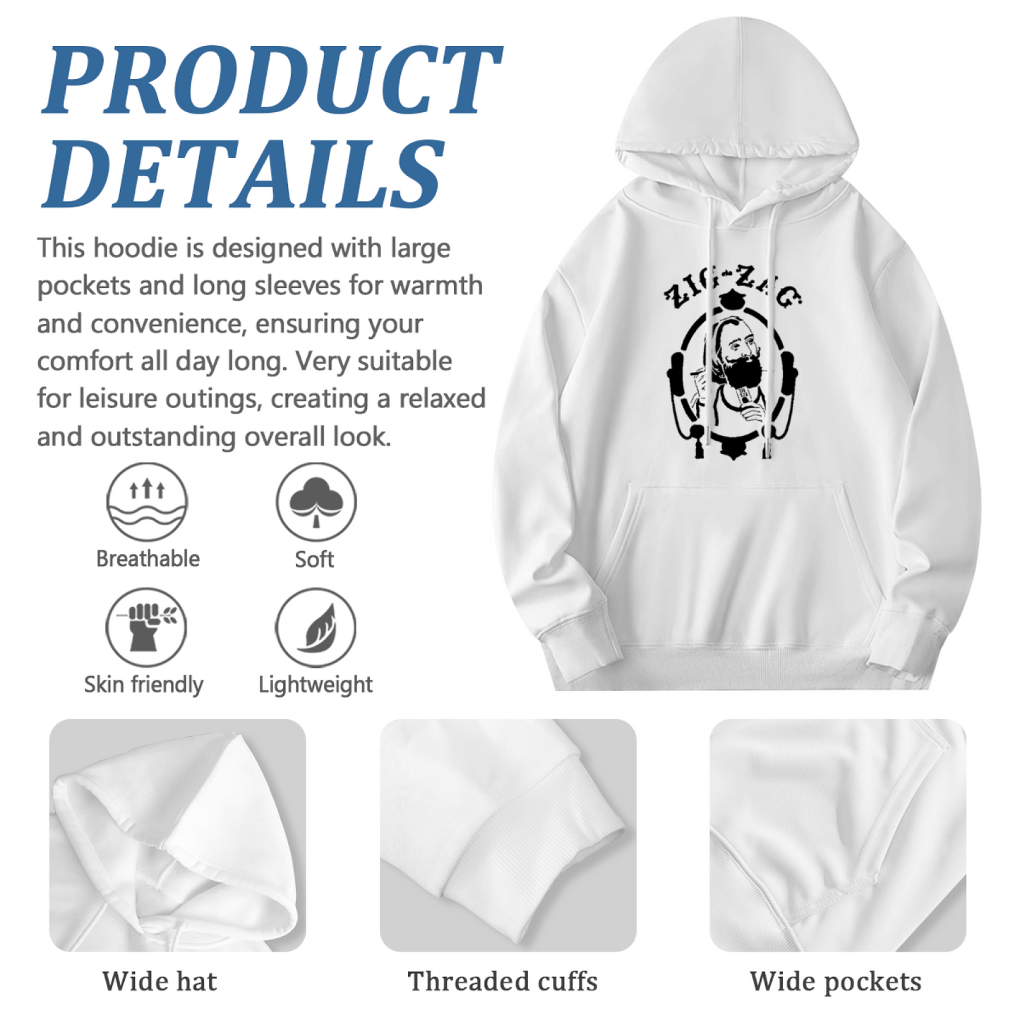 Vintage Zig-Zag Portrait Graphic White Hoodie, Unisex Cozy Retro Style Hooded Top