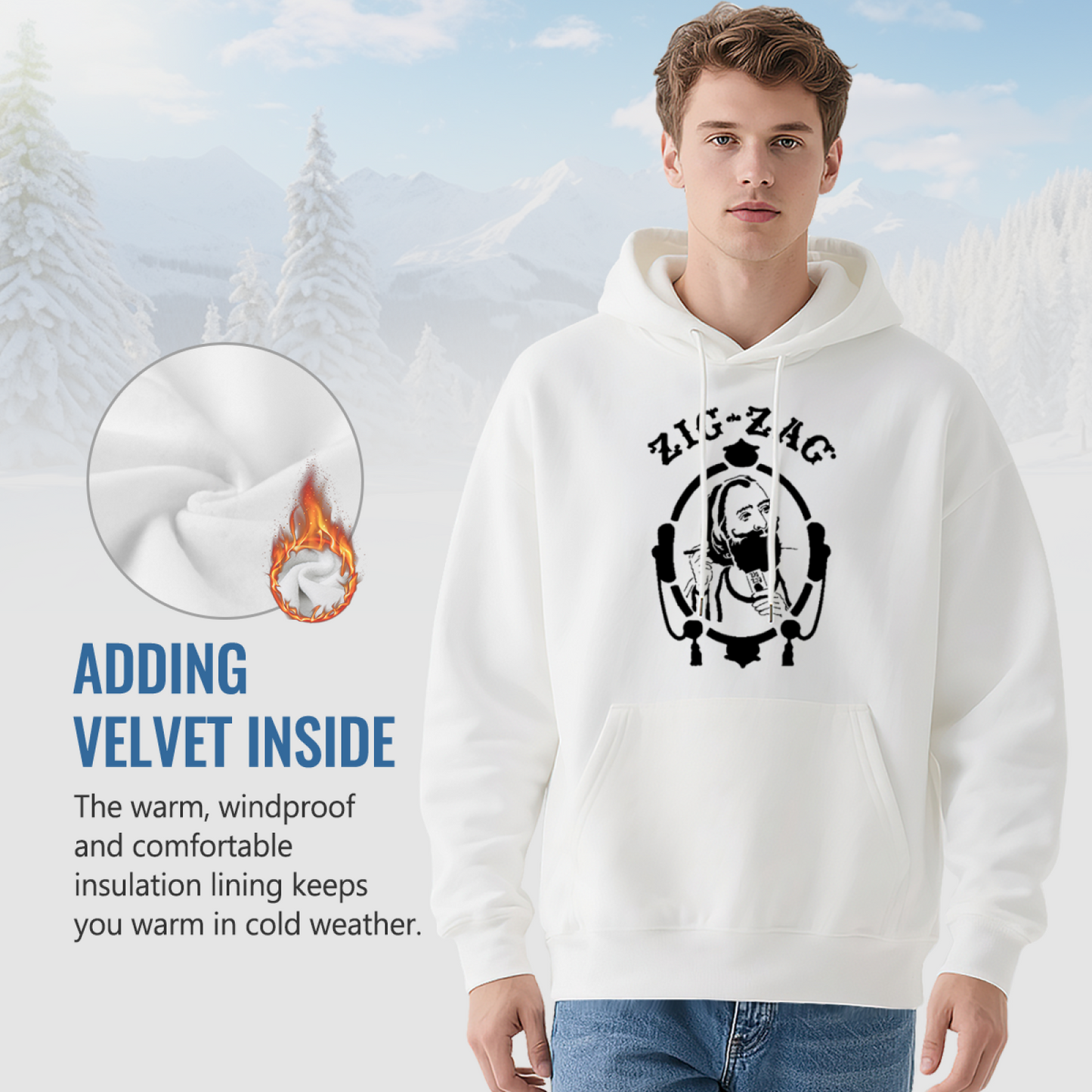 Vintage Zig-Zag Portrait Graphic White Hoodie, Unisex Cozy Retro Style Hooded Top