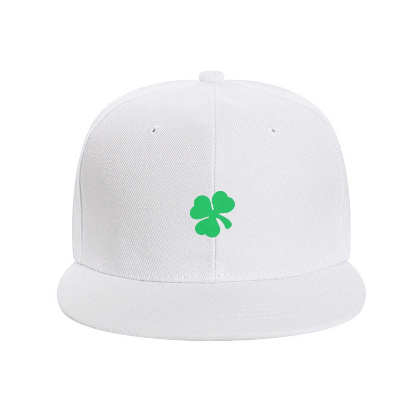 Lucky Green Four-Leaf Clover White Flat Brim Sun Snapback