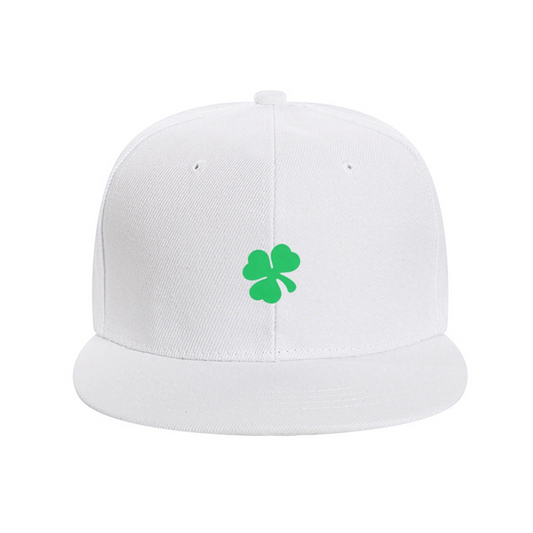 Lucky Green Four-Leaf Clover White Flat Brim Sun Snapback
