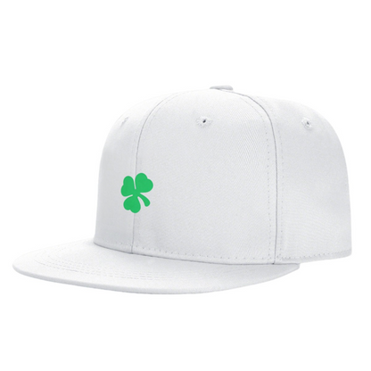 Lucky Green Four-Leaf Clover White Flat Brim Sun Snapback