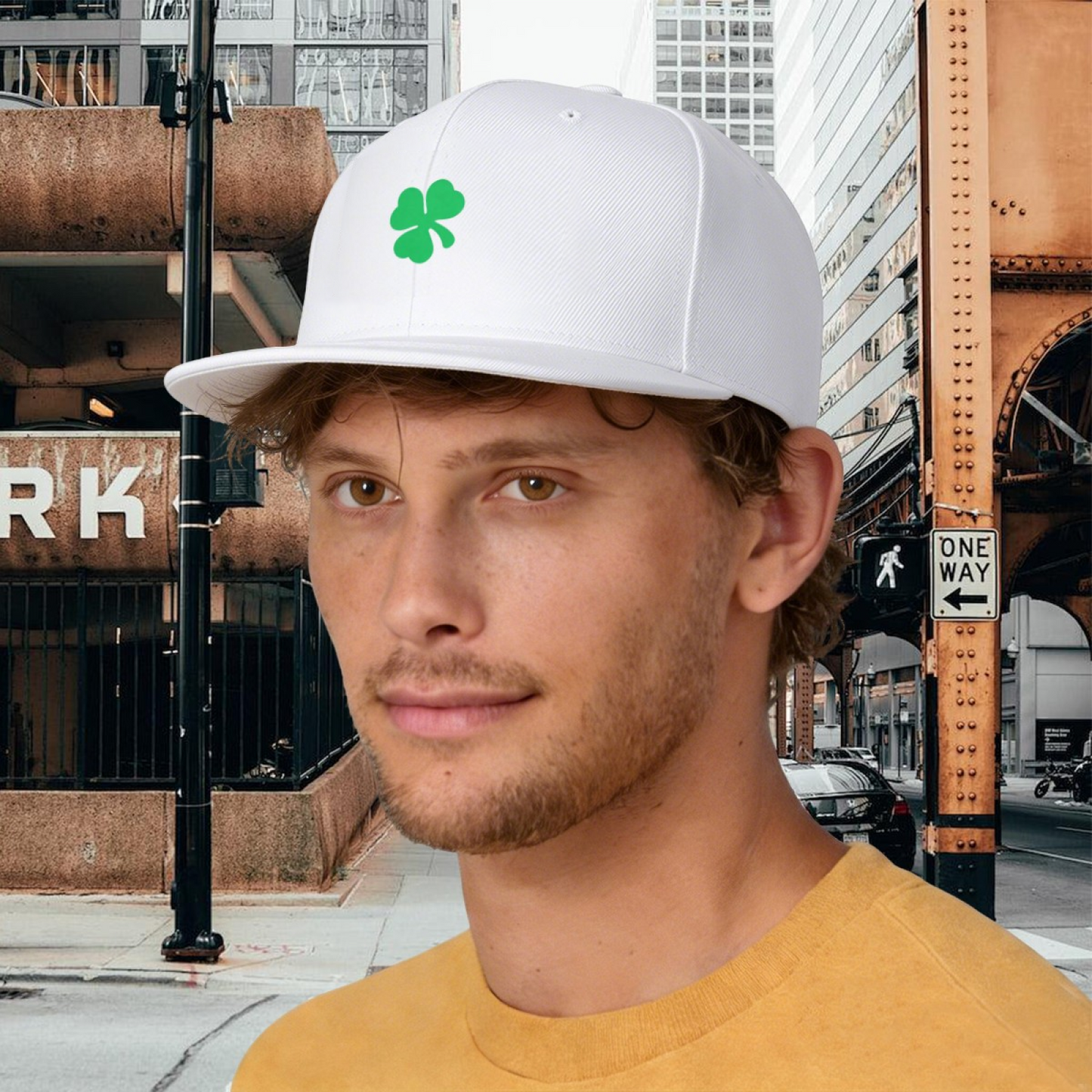 Lucky Green Four-Leaf Clover White Flat Brim Sun Snapback
