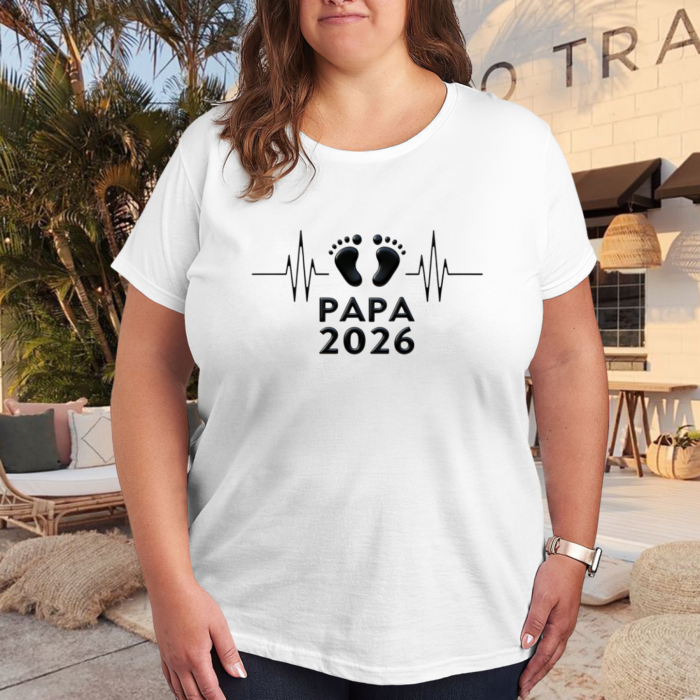 Papa 2026 Black Footprint ECG Line Expectant Father Plus Size Women Printed T-Shirt
