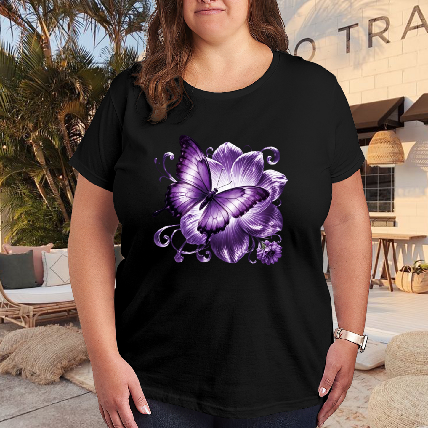 Dreamy Purple Butterfly & Lotus Art Plus Size Women Printed T-Shirt