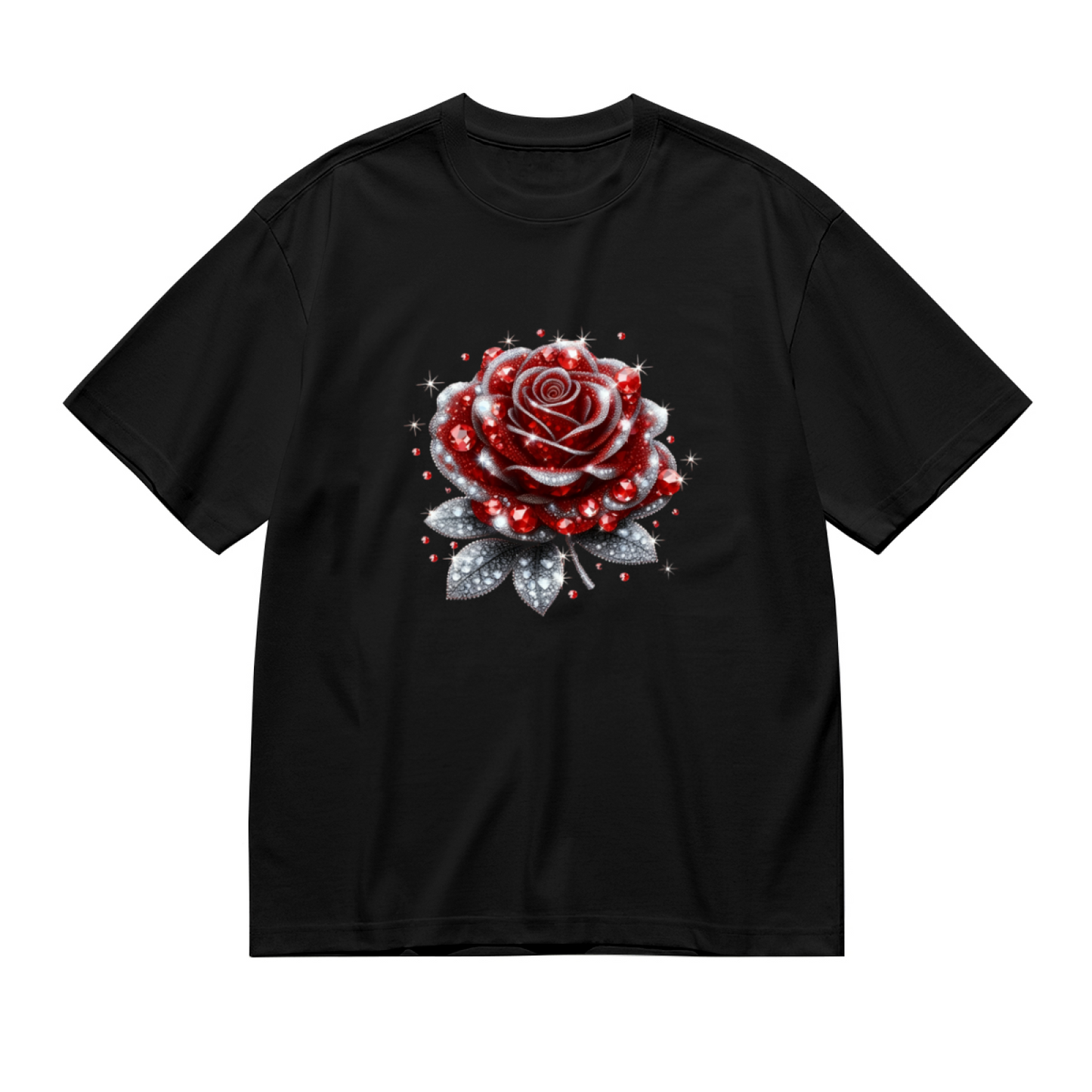 Sparkling Rhinestone Glitter Red Rose Black Plus Size Women¡¯s Printed T-Shirt