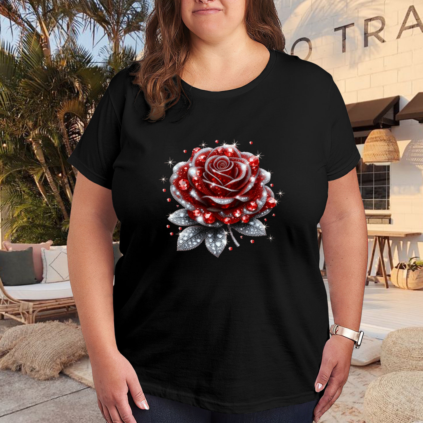 Sparkling Rhinestone Glitter Red Rose Black Plus Size Women¡¯s Printed T-Shirt